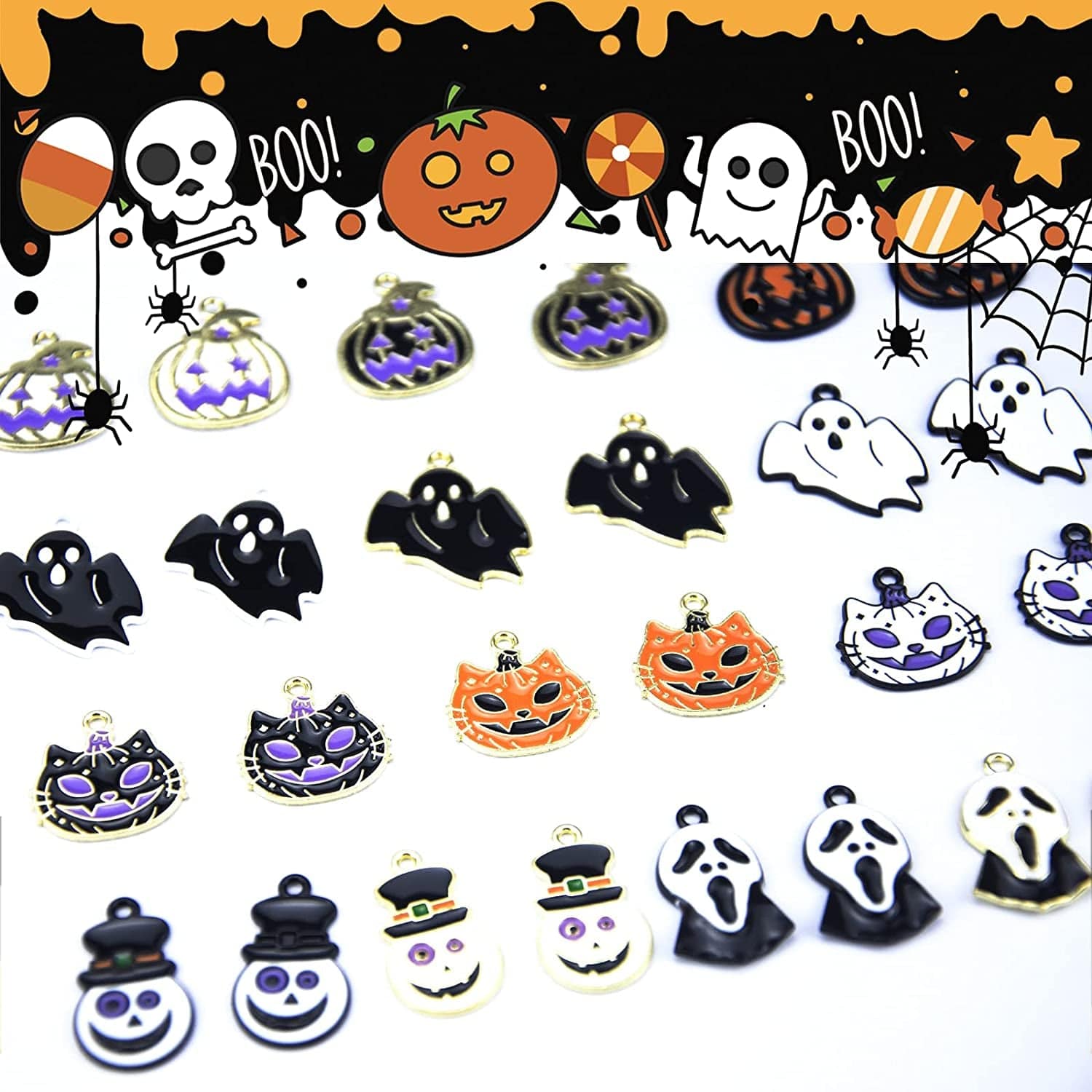 36 Pcs Halloween Charms Pendants Assorted Gold Black Plated Enamel Pumpkin Ghost Clown Wizard Hat Halloween Charms for Jewelry Making DIY Necklace Bracelet Earring Supplies Accessories