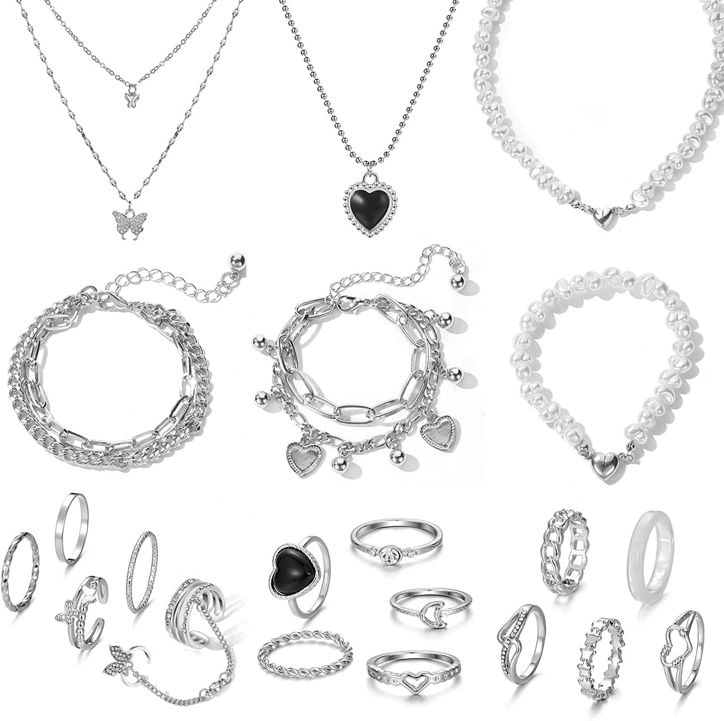 36 PCS Silver Plated Jewelry Set with 3 PCS Necklace, 12 PCS Bracelet, 7 PCS Ear Cuffs Earring, 14 Pcs Knuckle Rings for Women Girls Valentine Anniversary Birthday Friendship Gift 21 Pcs Silver