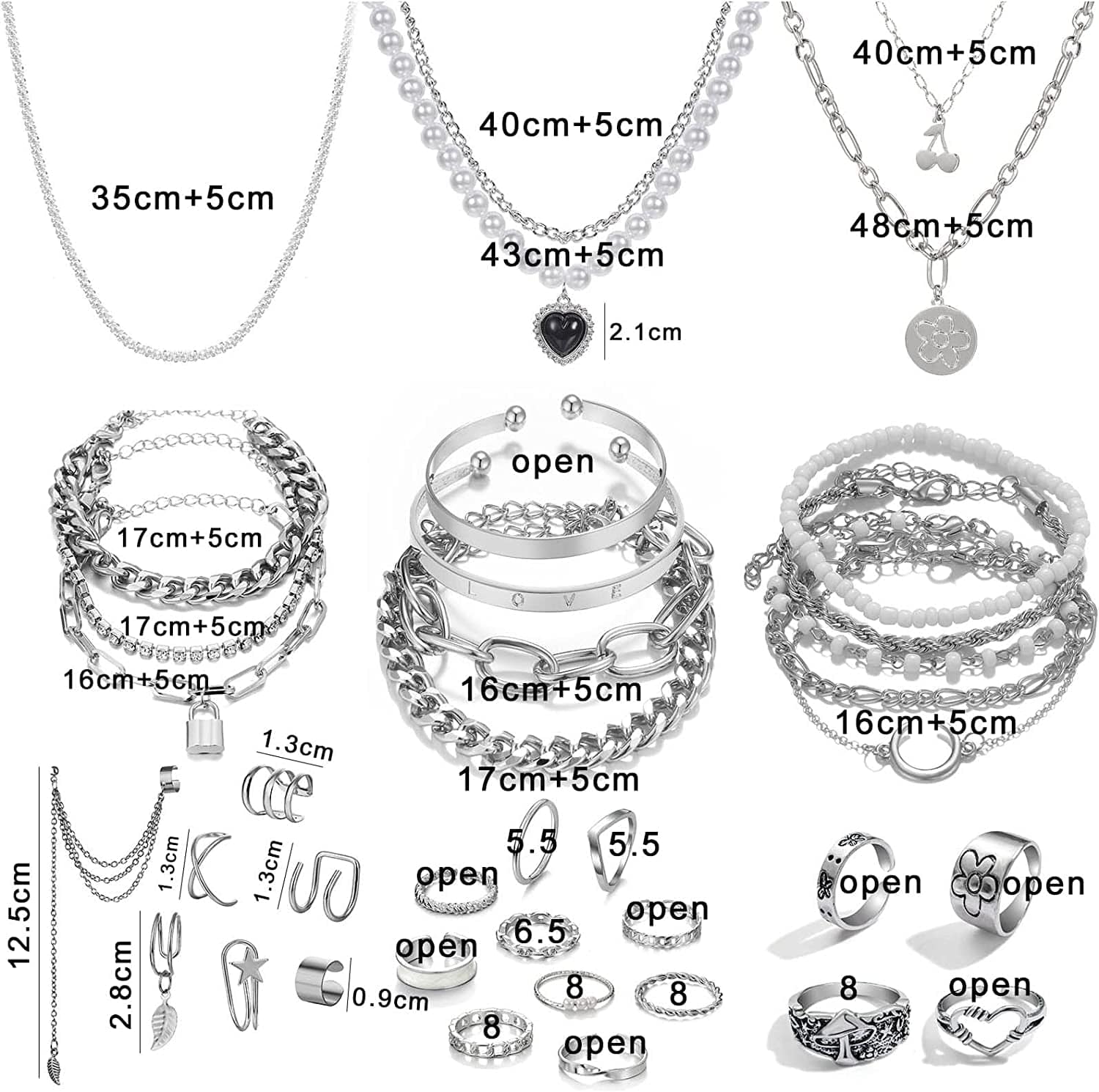 36 PCS Silver Plated Jewelry Set with 3 PCS Necklace, 12 PCS Bracelet, 7 PCS Ear Cuffs Earring, 14 Pcs Knuckle Rings for Women Girls Valentine Anniversary Birthday Friendship Gift
