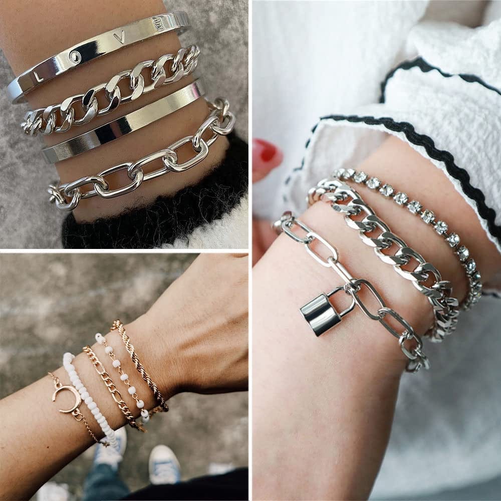 36 PCS Silver Plated Jewelry Set with 3 PCS Necklace, 12 PCS Bracelet, 7 PCS Ear Cuffs Earring, 14 Pcs Knuckle Rings for Women Girls Valentine Anniversary Birthday Friendship Gift