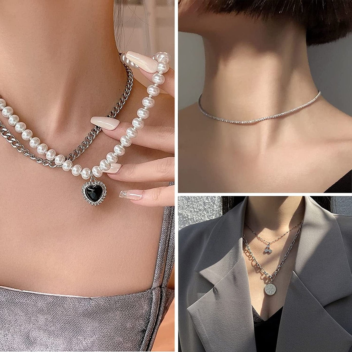36 PCS Silver Plated Jewelry Set with 3 PCS Necklace, 12 PCS Bracelet, 7 PCS Ear Cuffs Earring, 14 Pcs Knuckle Rings for Women Girls Valentine Anniversary Birthday Friendship Gift