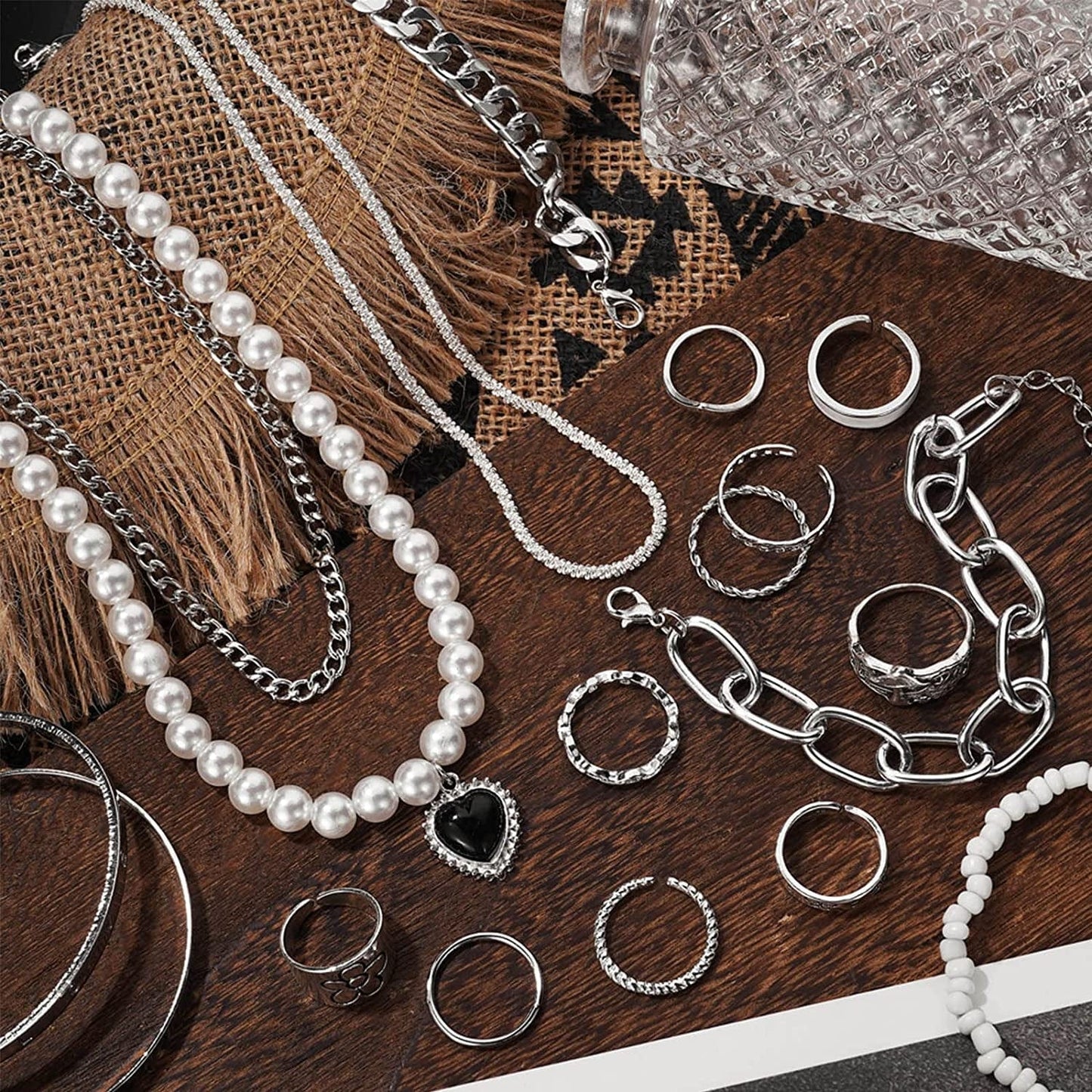 36 PCS Silver Plated Jewelry Set with 3 PCS Necklace, 12 PCS Bracelet, 7 PCS Ear Cuffs Earring, 14 Pcs Knuckle Rings for Women Girls Valentine Anniversary Birthday Friendship Gift