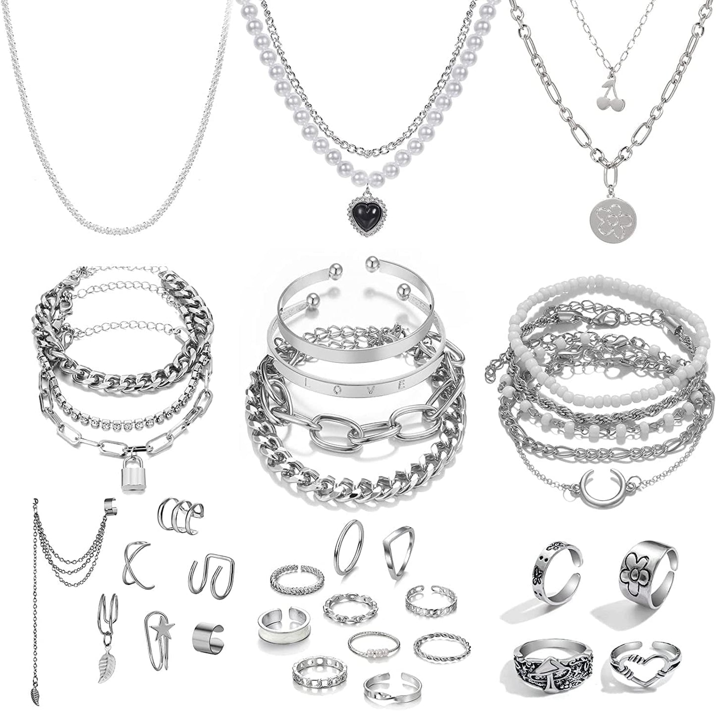 36 PCS Silver Plated Jewelry Set with 3 PCS Necklace, 12 PCS Bracelet, 7 PCS Ear Cuffs Earring, 14 Pcs Knuckle Rings for Women Girls Valentine Anniversary Birthday Friendship Gift 36 Pcs Silver