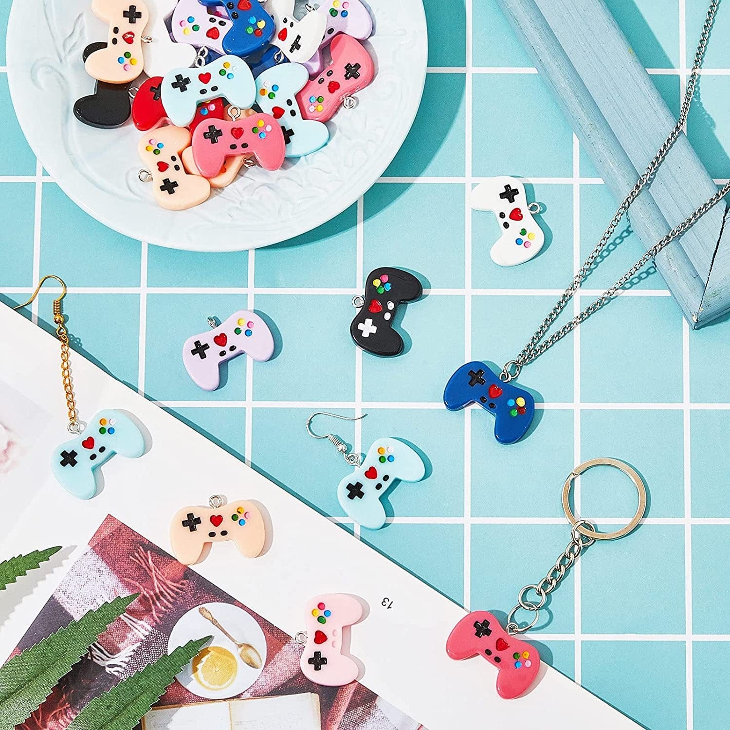 36 Pieces Video Game Controller Charms Colorful Game Controller Key Ring Pendant Charms Video Game Resin Charm for DIY Jewelry Making Necklace Bracelet, 9 Colors