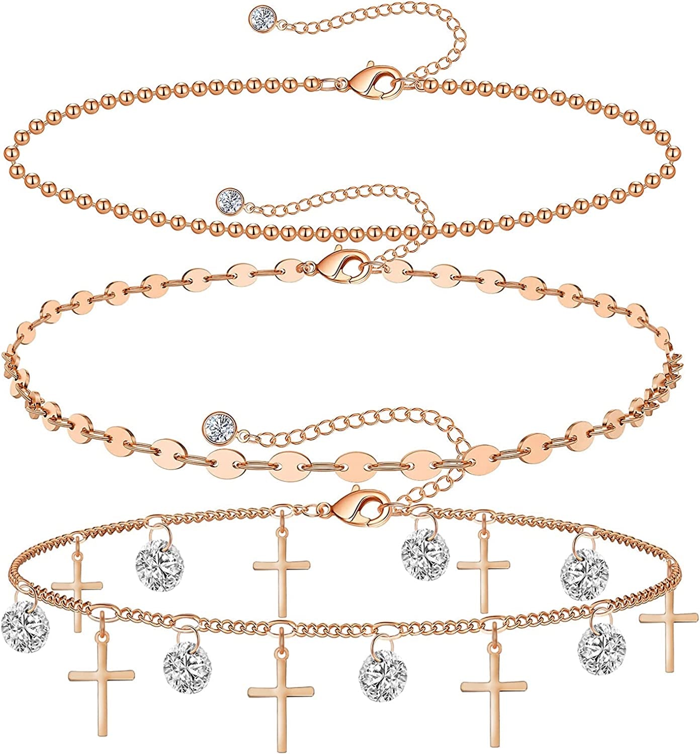 Gold Ankle Bracelets for Women 14K Gold Plated Anklet Silver Tennis Rose Quartz Cross Bead Herringbone Snake Paperclip Chain Cubic Zirconia Dainty Layered Anklet Set 3Pcs Apparel & Accessories > Jewelry > Anklets WeSparking L-Rose Gold-Cross