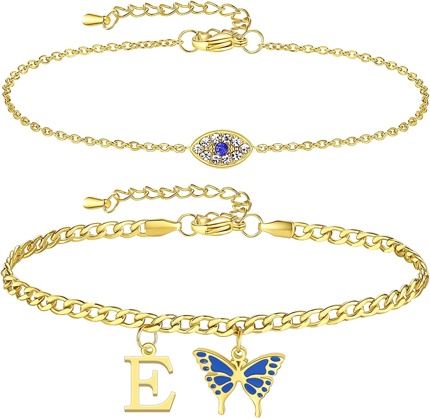 SAM & LORI 2 Pcs Anklets Set 18K Gold Plated Dainty Layered Personalized Initial Anklets Bracelets - Blue Butterfly - Sparkling CZ Evil Eye - Adjustable Summer Jewelry for Women Teen Girls Apparel & Accessories > Jewelry > Anklets SAM & LORI "Butterfly Evil Eye - E