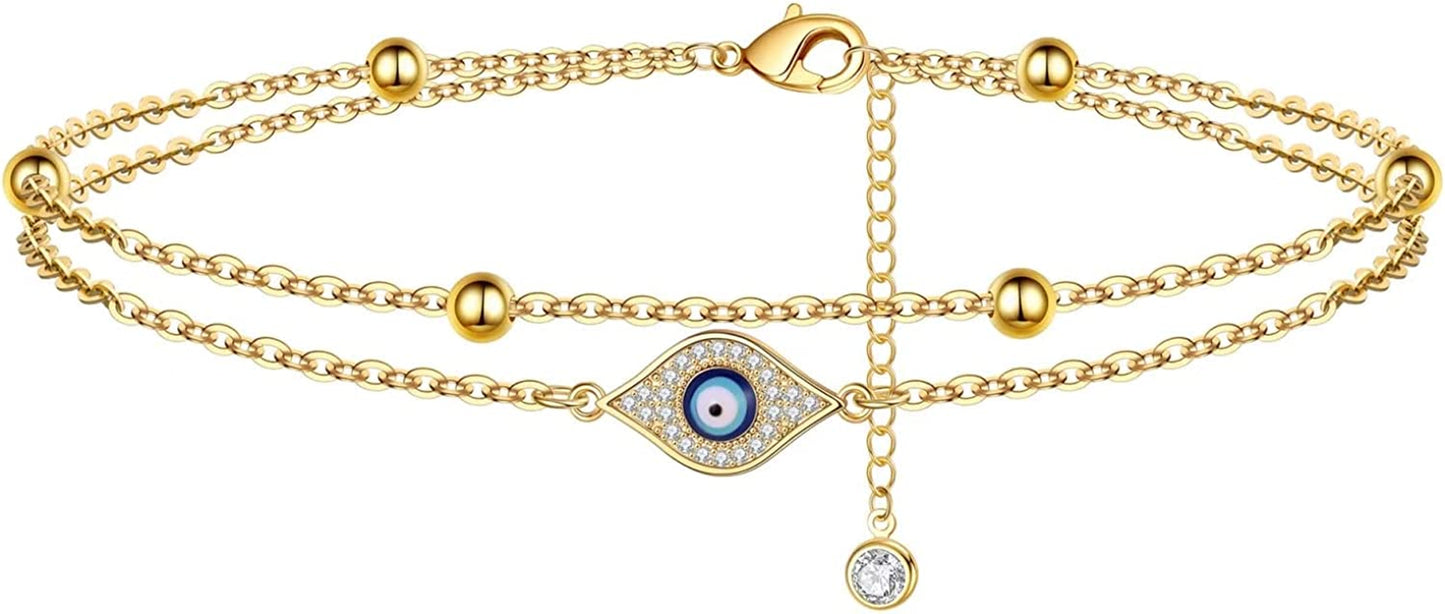 Dainty Ankle Bracelets for Women Girls, 14K Gold Filled Handmade Anklet Tiny Lock Key Star Lightning Crescent Elephant Evil Eye Ankle Bracelets for Women Girls Summer Boho Beach Foot Jewelry Apparel & Accessories > Jewelry > Anklets Yoosteel CZ Evil Eye