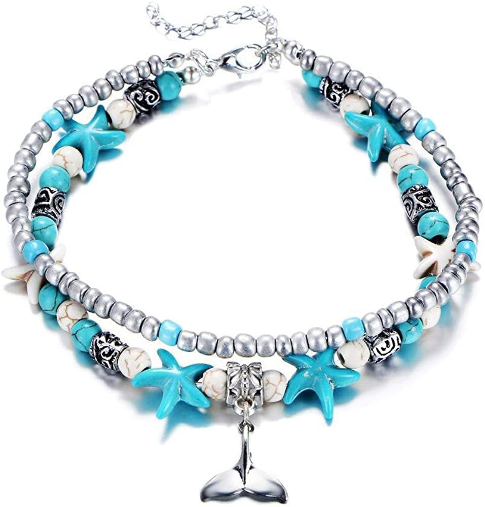 Softones Blue Starfish Turtle Anklet Multilayer Charm Beads Sea Handmade Boho Anklet Foot Jewelry for Women Girl Apparel & Accessories > Jewelry > Anklets Softones N:Tail