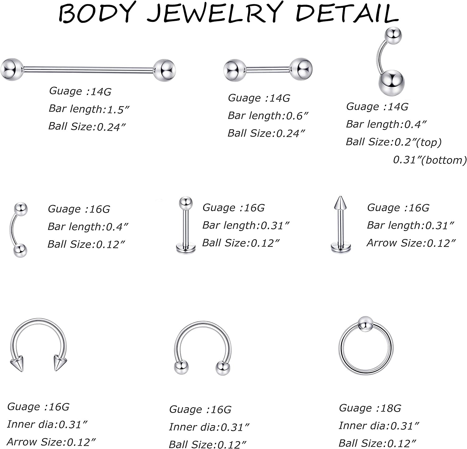 Jstyle 120Pcs Body Jewelry Piercing Lot Stainless Steel Nose Horseshoe Lip Tongue Eyebrow Tragus Body Piercing Navel Belly Ring Barbells 14G-16G Apparel & Accessories > Jewelry > Rings Jstyle