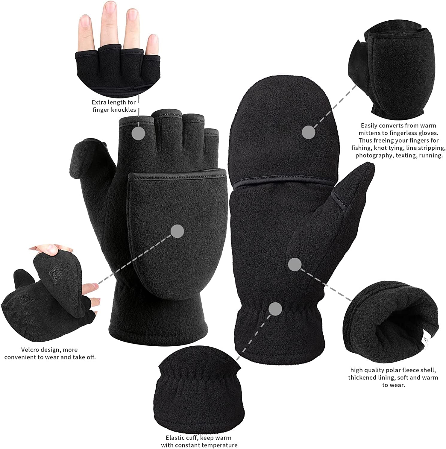 Winter Convertible Gloves Flip Top Mittens Warm Polar Fleece for Winter Running Painting Texting Photographing for Men Women Apparel & Accessories > Clothing Accessories > Gloves & Mittens Bessteven