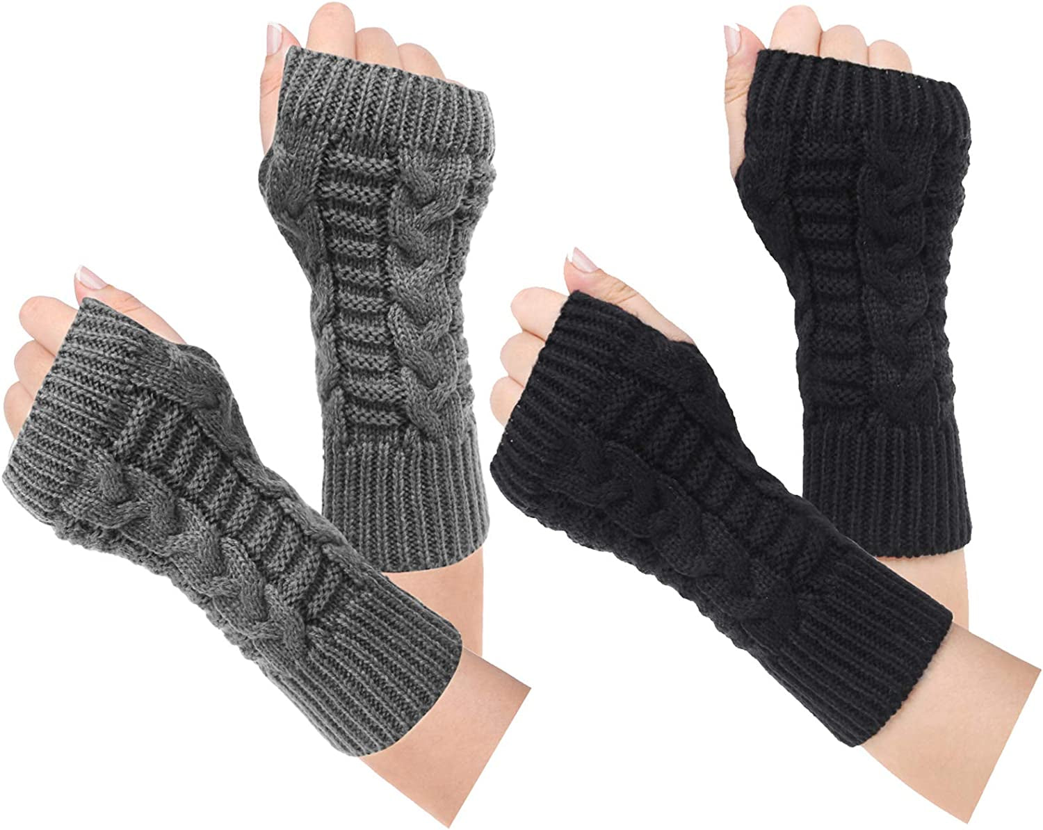 Loritta 2 Pairs Womens Fingerless Gloves Winter Warm Knit Crochet Thumbhole Arm Warmers Apparel & Accessories > Clothing Accessories > Gloves & Mittens Loritta Black/Dark Gray(2 Pairs)