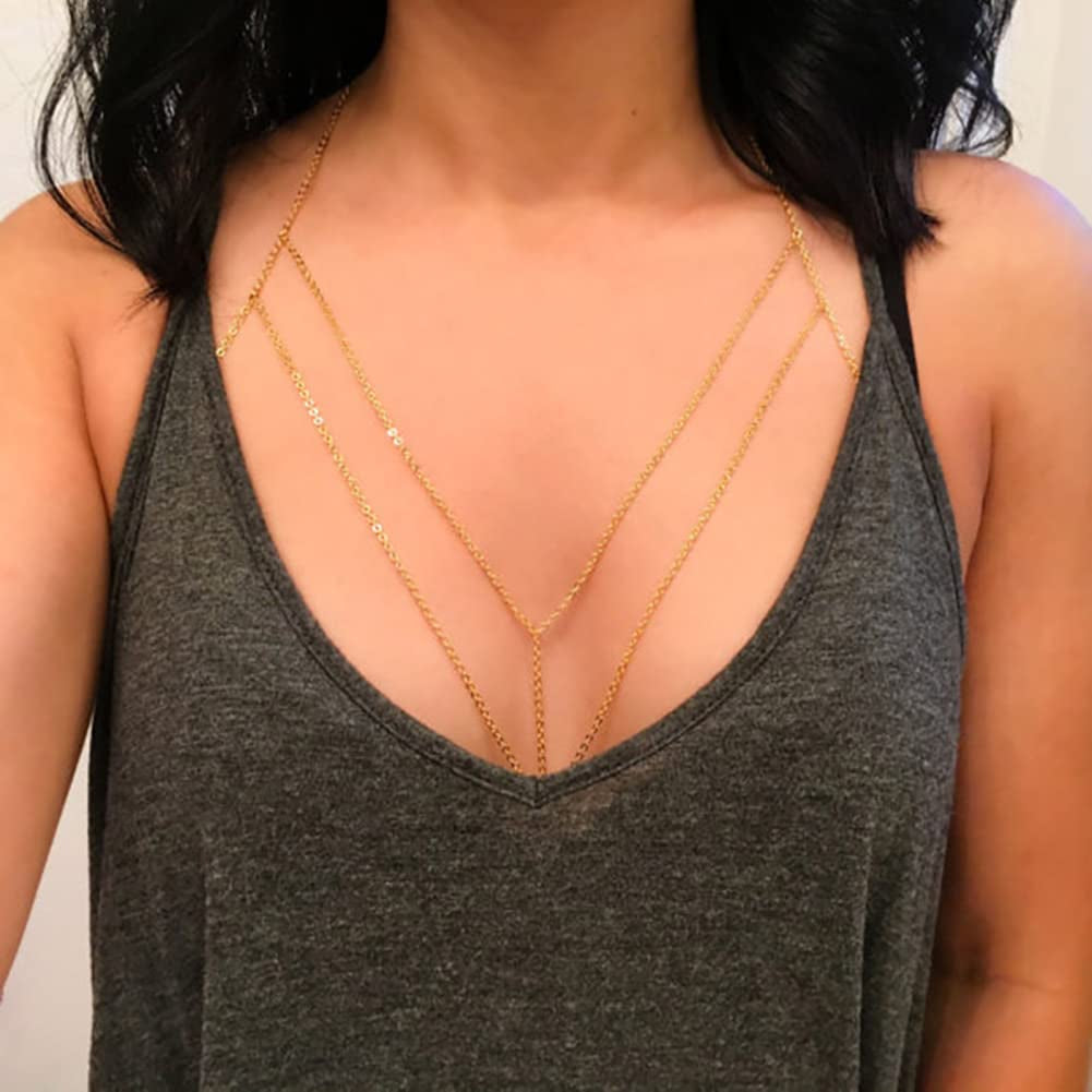 Woent Sexy Bikini Bra Body Chain Gold Cross Breast Chain Lingerie Necklace Accessories Nightclub Jewelry Adjustable for Women and Girls Apparel & Accessories > Jewelry > Body Jewelry Woent