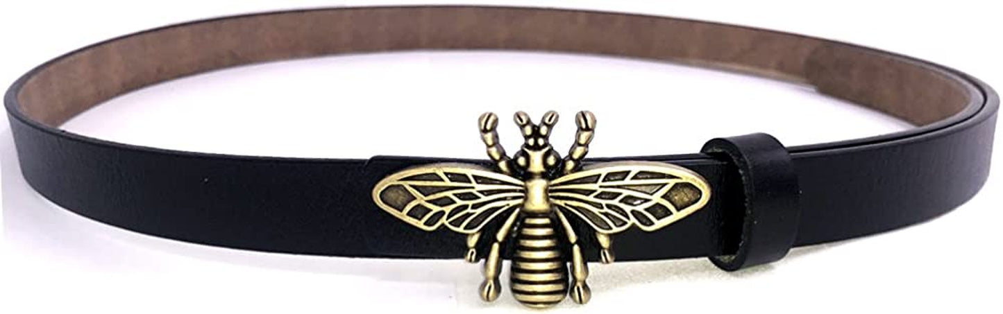 Moyoto Women'S 0.7″Thin Vintage Copper Bee Buckle Leather Belts Casual Dress Belts Apparel & Accessories > Clothing Accessories > Belts MoYoTo Black