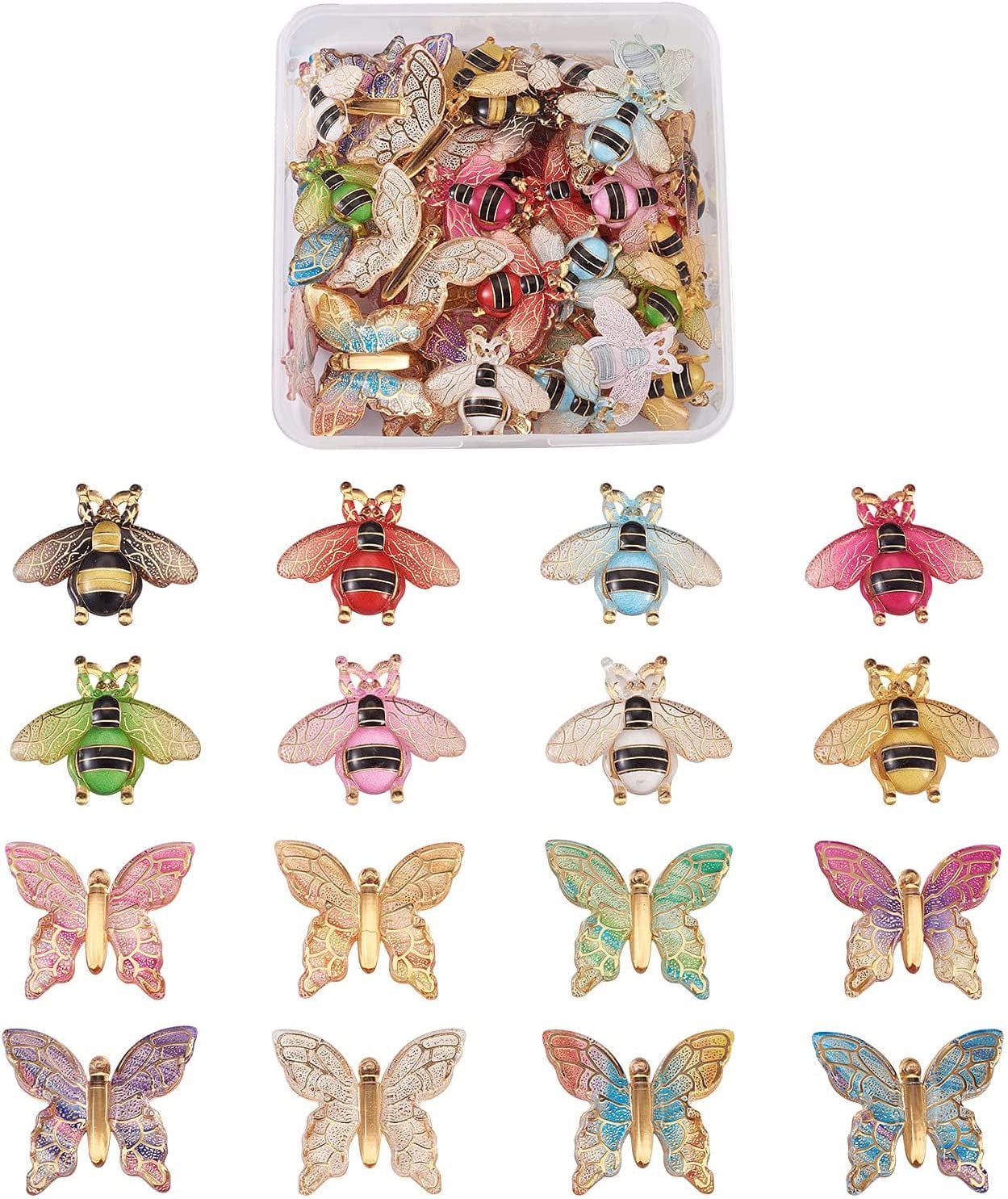 36Pcs Colorful Butterfly Dragonfly Pendants Plastic Insect Animal Flat Back Charms Connectors Embellishment for Jewelry Crafts Making Mixed Colors,Butterfly&Bee