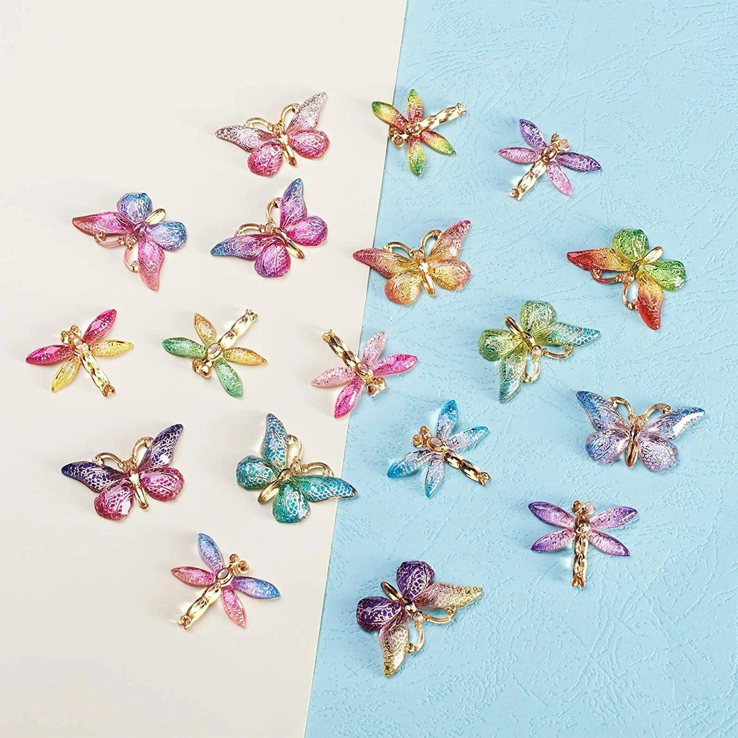 36Pcs Colorful Butterfly Dragonfly Pendants Plastic Insect Animal Flat Back Charms Connectors Embellishment for Jewelry Crafts Making