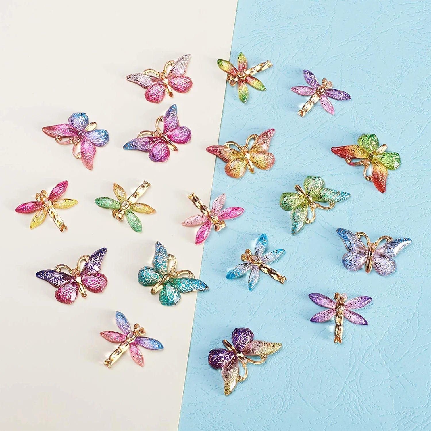36Pcs Colorful Butterfly Dragonfly Pendants Plastic Insect Animal Flat Back Charms Connectors Embellishment for Jewelry Crafts Making
