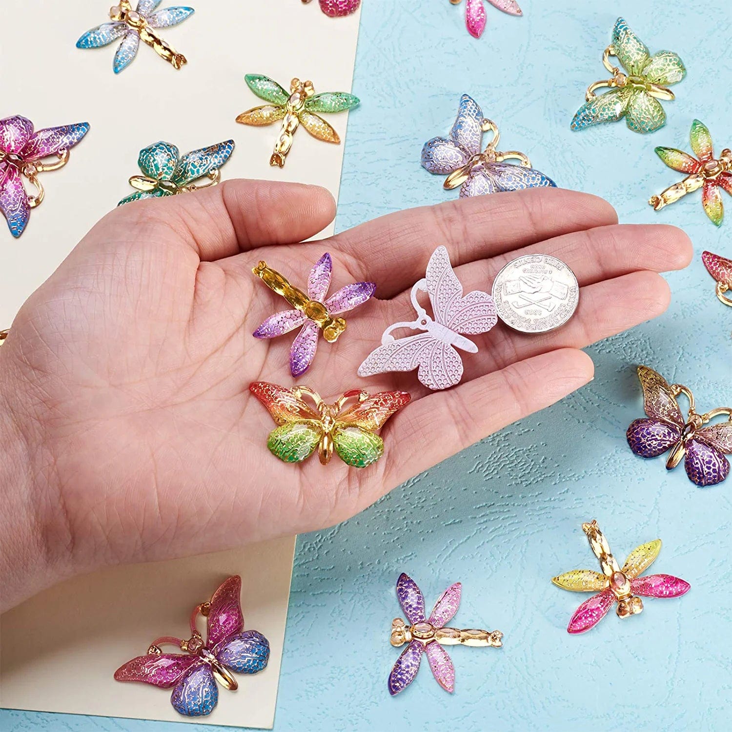 36Pcs Colorful Butterfly Dragonfly Pendants Plastic Insect Animal Flat Back Charms Connectors Embellishment for Jewelry Crafts Making