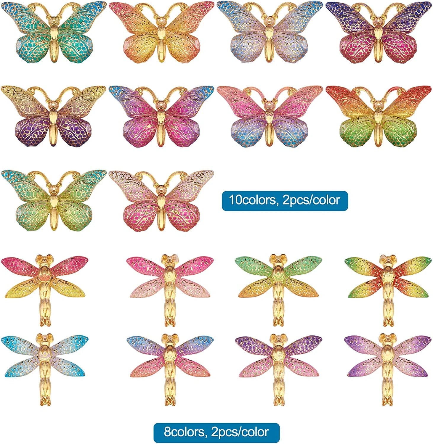 36Pcs Colorful Butterfly Dragonfly Pendants Plastic Insect Animal Flat Back Charms Connectors Embellishment for Jewelry Crafts Making