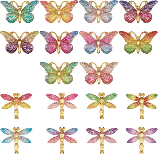 36Pcs Colorful Butterfly Dragonfly Pendants Plastic Insect Animal Flat Back Charms Connectors Embellishment for Jewelry Crafts Making Mixed Colors Dragonfly, Butterfly