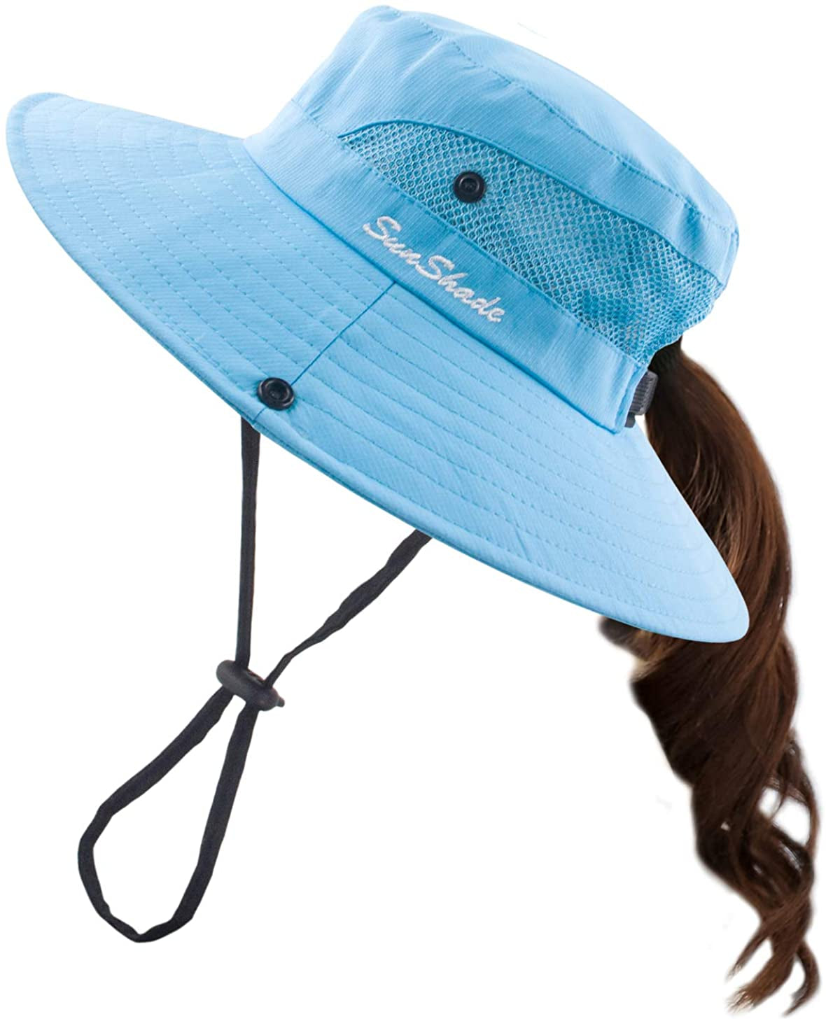 Muryobao Women'S Ponytail Sun Hat UV Protection Foldable Mesh Wide Brim Beach Fishing Hat Apparel & Accessories > Clothing Accessories > Hats Muryobao Pure Sky Blue