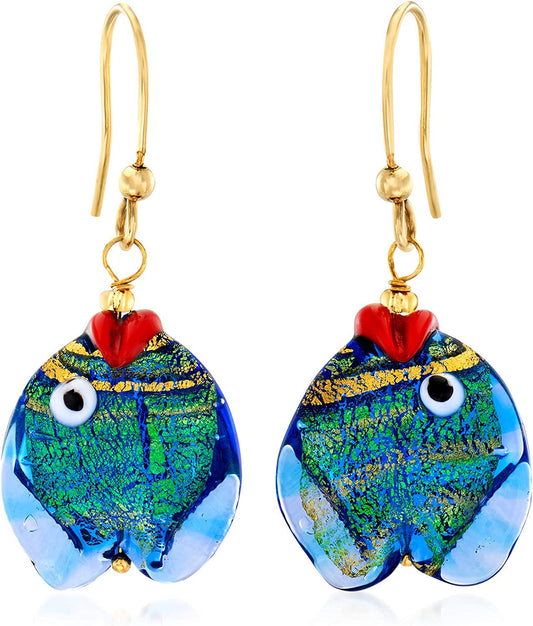 Ross-Simons Italian Blue and Green Murano Glass Fish Drop Earrings with 18Kt Gold over Sterling Apparel & Accessories > Jewelry > Earrings Ross-Simons