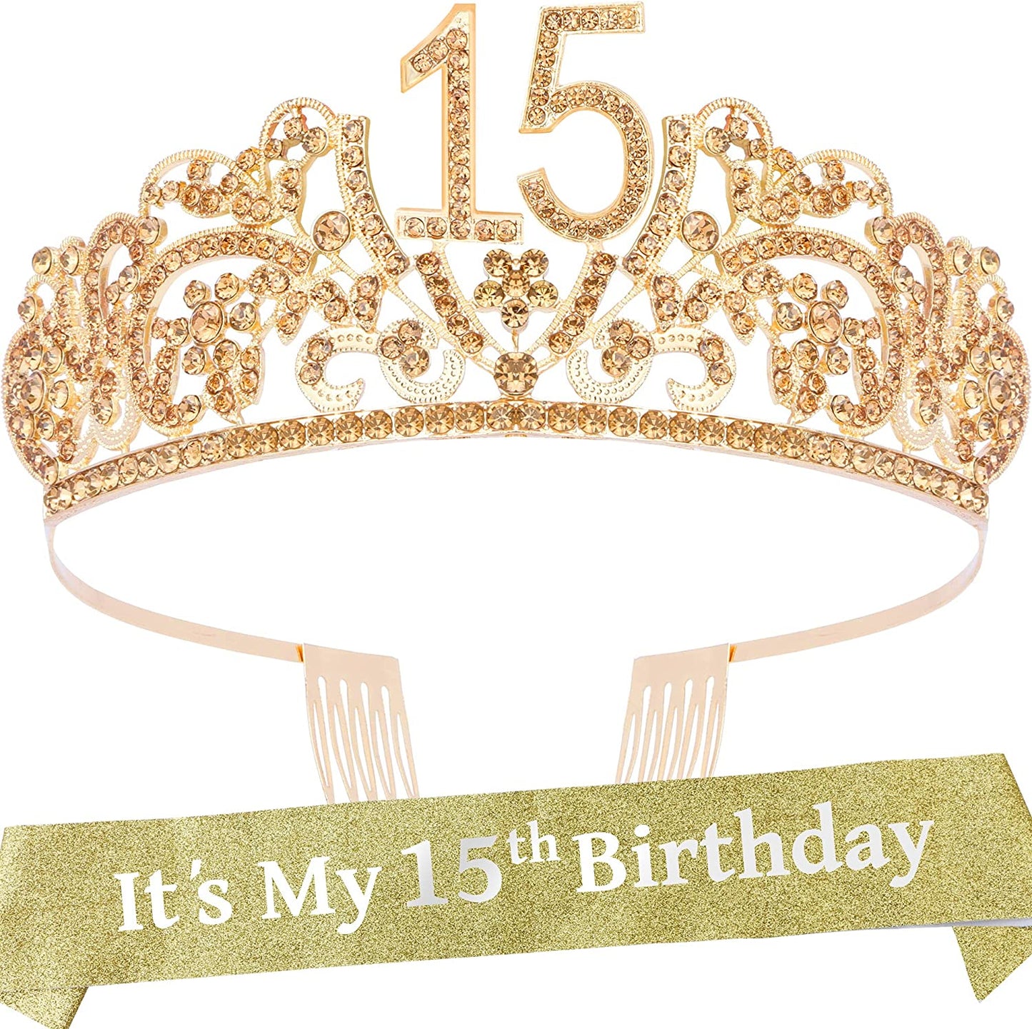 Verymerrymakering 15Th Birthday Sash and Tiara for Girls - Fabulous Set: Glitter Sash + Flowers Rhinestone Gold Premium Metal Tiara, 15Th Birthday Gifts for Teenegers Party Apparel & Accessories > Clothing Accessories > Sashes VeryMerryMakering