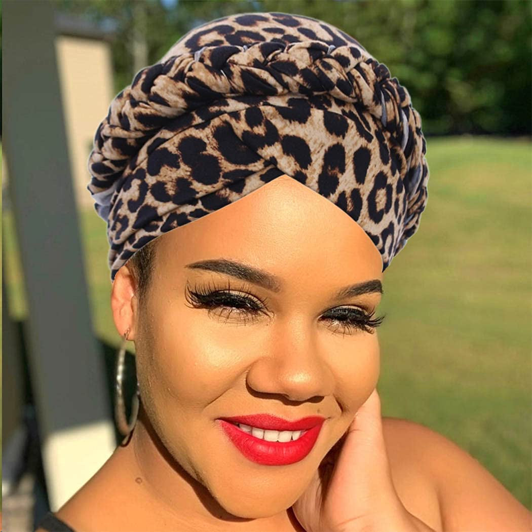 Woeoe African Turban Leopard Print Stretch Headwear Print Pattern Head Scarf Elastic Beanie Cap Head Wrap for Women and Girls(2 Pieces) Red Apparel & Accessories > Clothing Accessories > Headwear Woeoe