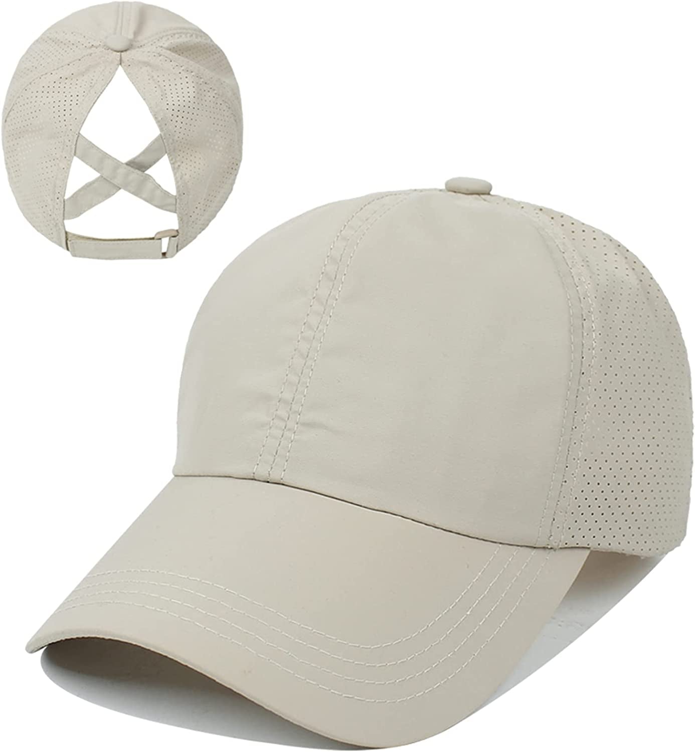 HGGE Womens Criss Cross Ponytail Baseball Cap Adjustable High Messy Bun Ponycap Quick Drying Hat Apparel & Accessories > Clothing Accessories > Hats HGGE Khaki