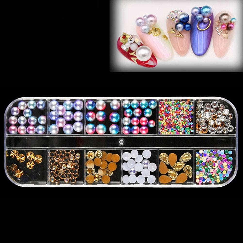 BEINNY 4 Boxes 12 Grids Nail Art Rhinestones + 1 PC Dotting Pen + 1 PC Straight Tweezer Tool Kits Nail Art Rhinestones Studs Health & Beauty > Personal Care > Cosmetics > Cosmetic Tools > Nail Tools BEINNY