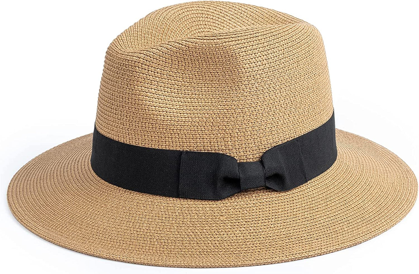 DRESHOW Women Straw Panama Hat Fedora Beach Sun Hat Wide Brim Straw Roll up Hat UPF 50+ Apparel & Accessories > Clothing Accessories > Hats DRESHOW 1 Pack:ac Khaki/Black Bow