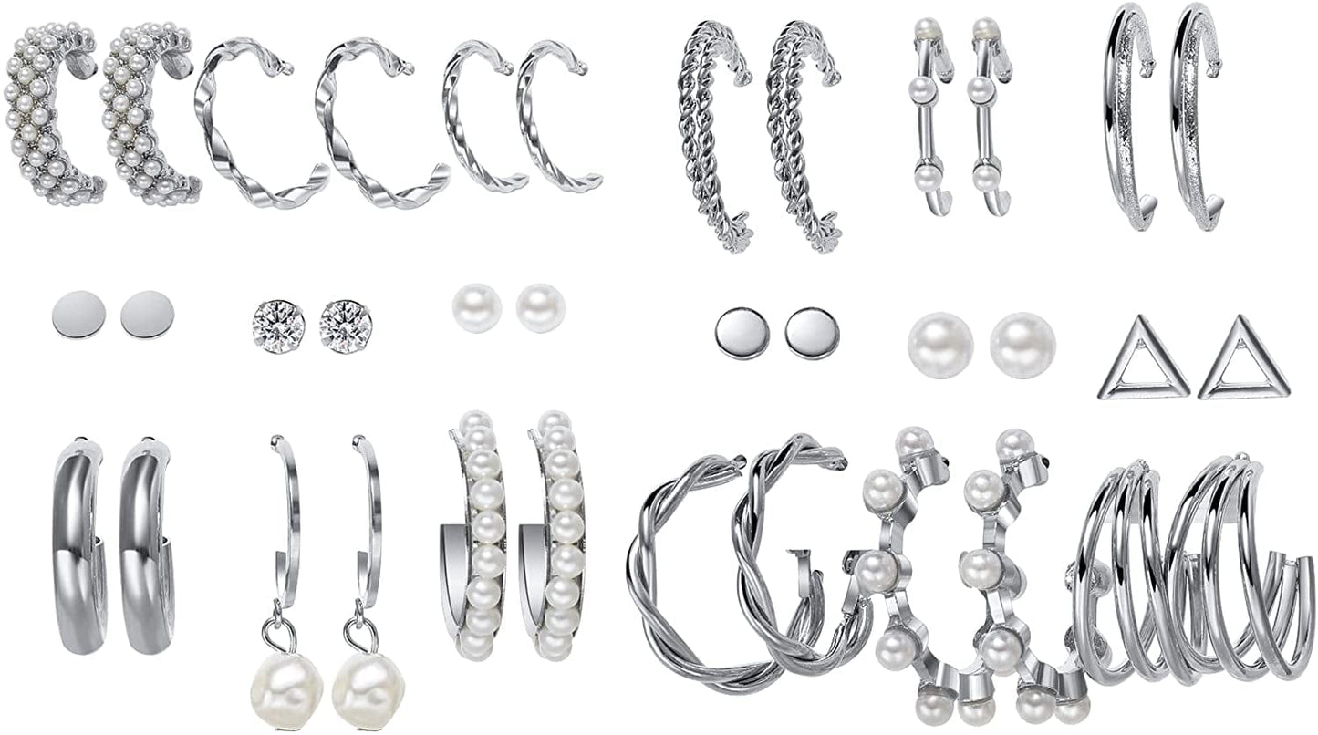 38 Pairs Silver Hoop Earrings Set for Women Multipack, Hypoallergenic Boho Fashion Vintage Acrylic Pearl Stud Hoop Earingings Jewelry for Girls Birthday Christmas Gift B-18pairs