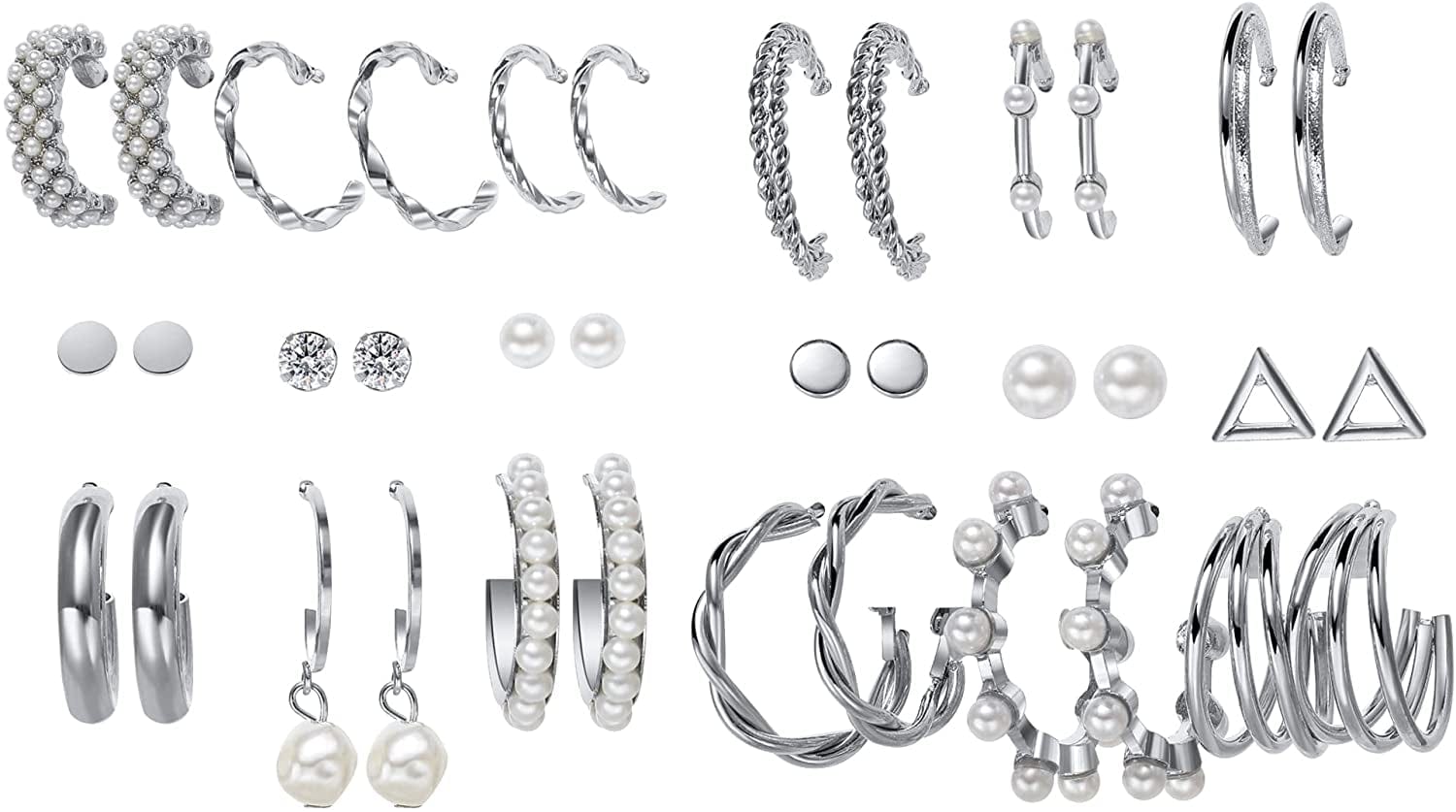 38 Pairs Silver Hoop Earrings Set for Women Multipack, Hypoallergenic Boho Fashion Vintage Acrylic Pearl Stud Hoop Earingings Jewelry for Girls Birthday Christmas Gift B-18pairs