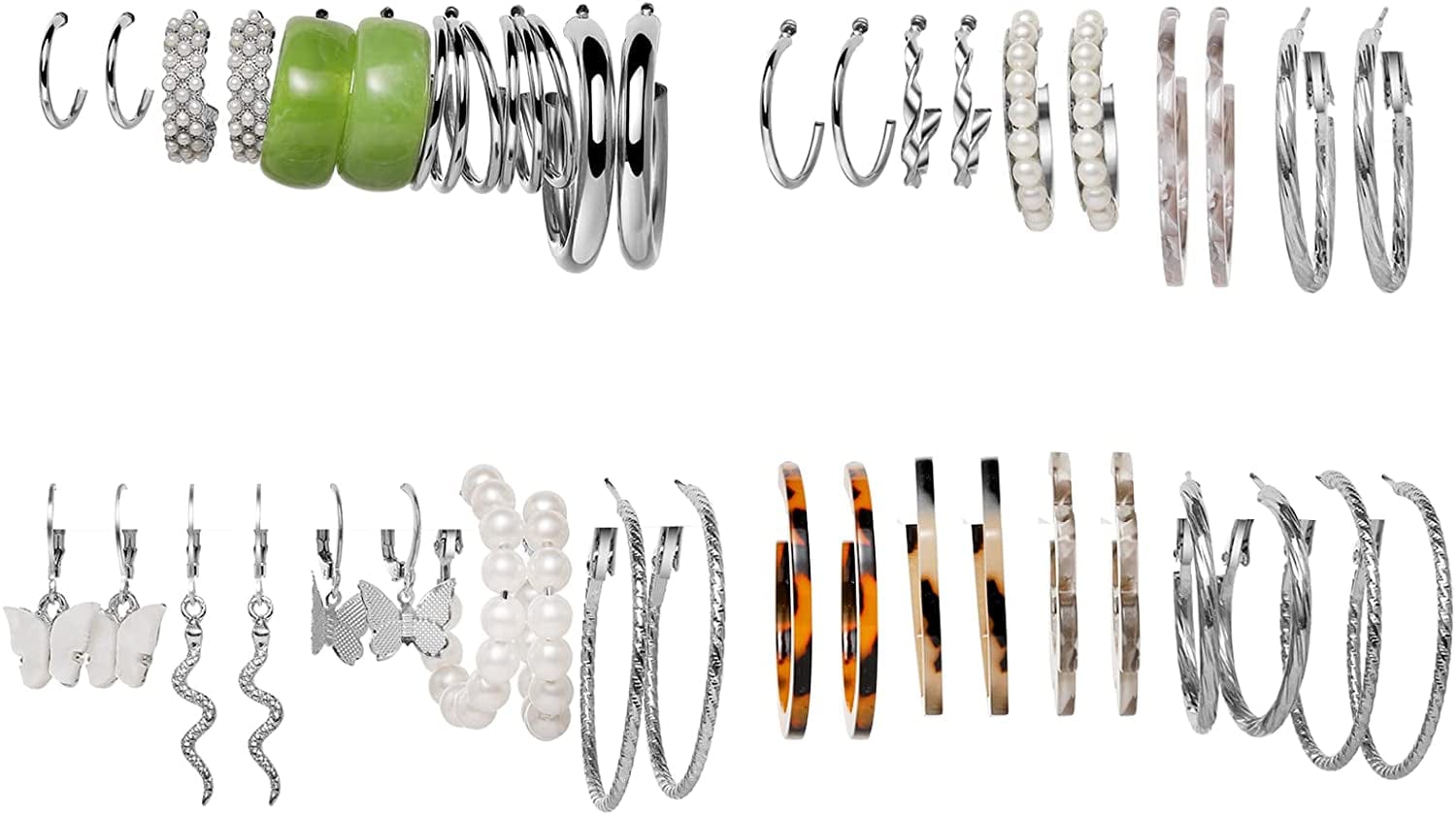 38 Pairs Silver Hoop Earrings Set for Women Multipack, Hypoallergenic Boho Fashion Vintage Acrylic Pearl Stud Hoop Earingings Jewelry for Girls Birthday Christmas Gift C-20pairs