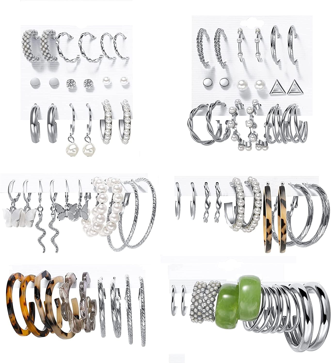 38 Pairs Silver Hoop Earrings Set for Women Multipack, Hypoallergenic Boho Fashion Vintage Acrylic Pearl Stud Hoop Earingings Jewelry for Girls Birthday Christmas Gift A-38pairs