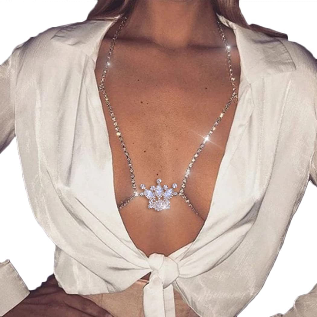 Bodiy Crystal Body Chains Bra Gold Rhinestones Chest Chain Bikini Rave Party Club Body Jewelry Sparkly Accessories for Women and Girls (Gold-3) Apparel & Accessories > Jewelry > Body Jewelry BODIY Silver-1