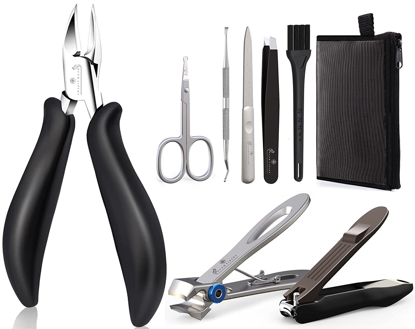 GLAMFIELDS Large Nail Clipper Set (8Pcs), Toe Nail Clippers for Thick Nails for Seniors, Ingrown Toenail, Paronychia, Big Toenail Clippers with Easy Grip Rubber Handle for Podiatrist/Adult /Men/ Women Health & Beauty > Personal Care > Cosmetics > Cosmetic Tools > Nail Tools GLAMFIELDS Black-8 in 1