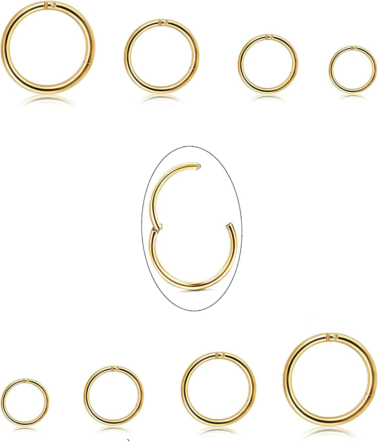 Jstyle 8Pcs 16G Surgical Steel Hinged Clicker Segment Nose Rings Hoop Helix Cartilage Daith Tragus Sleeper Earrings Body Piercing 6-12MM Improved Apparel & Accessories > Jewelry > Rings Jstyle Gold-tone
