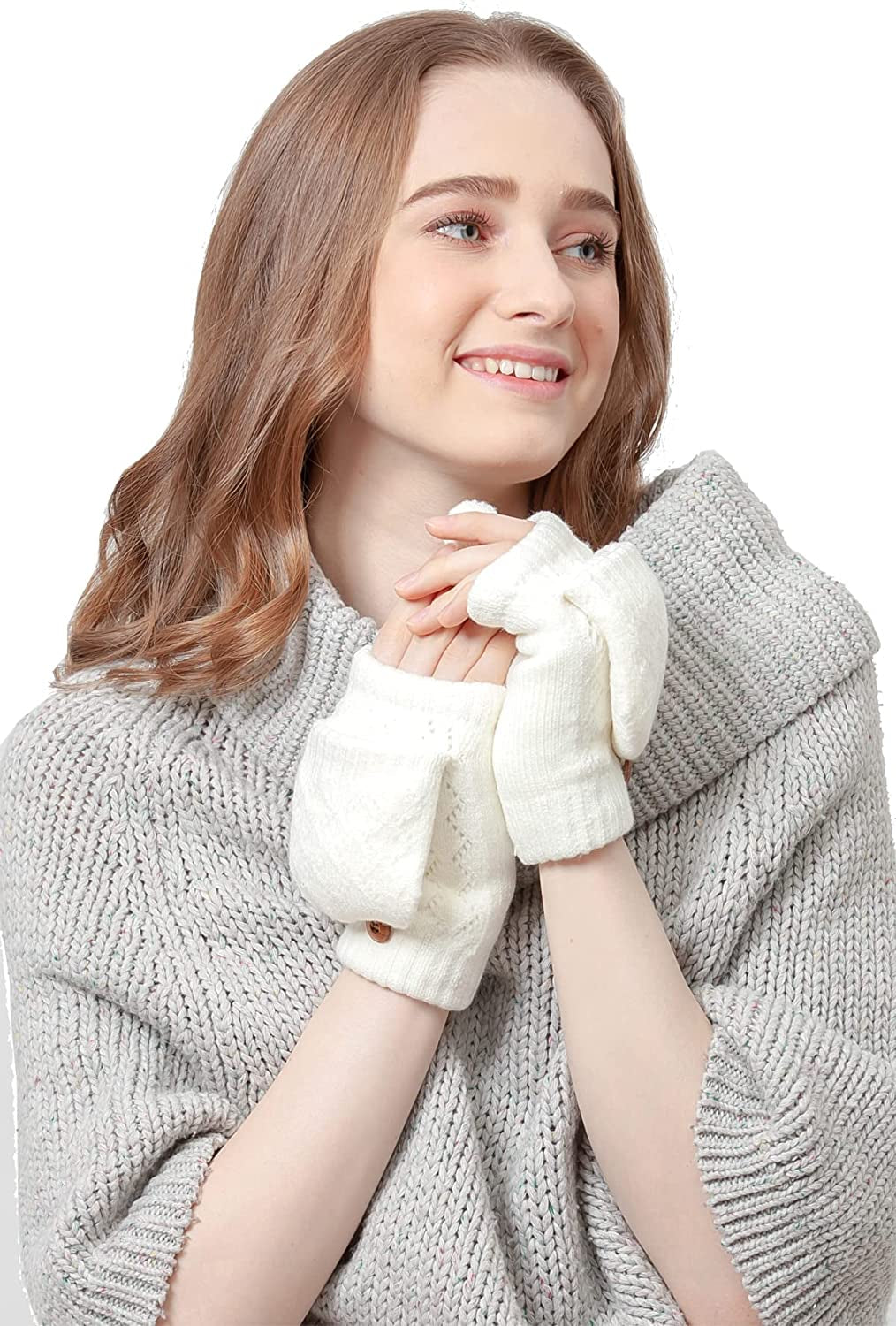 BYOS Women'S Winter Cozy Diamond Pattern Fleece Lined Flip Top Convertible Knit Gloves Mittens Apparel & Accessories > Clothing Accessories > Gloves & Mittens Be Your Own Style White