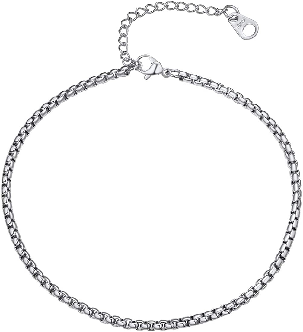 Women Girls Barefoot Jewelry 18K Gold or Rose Gold Stainless Steel Heart / Rope / Figaro / Cuban Chain Anklet Foot Bracelet, 25-30 CM Long Apparel & Accessories > Jewelry > Anklets U7 Jewelry 06.Stainless-3mm box chain