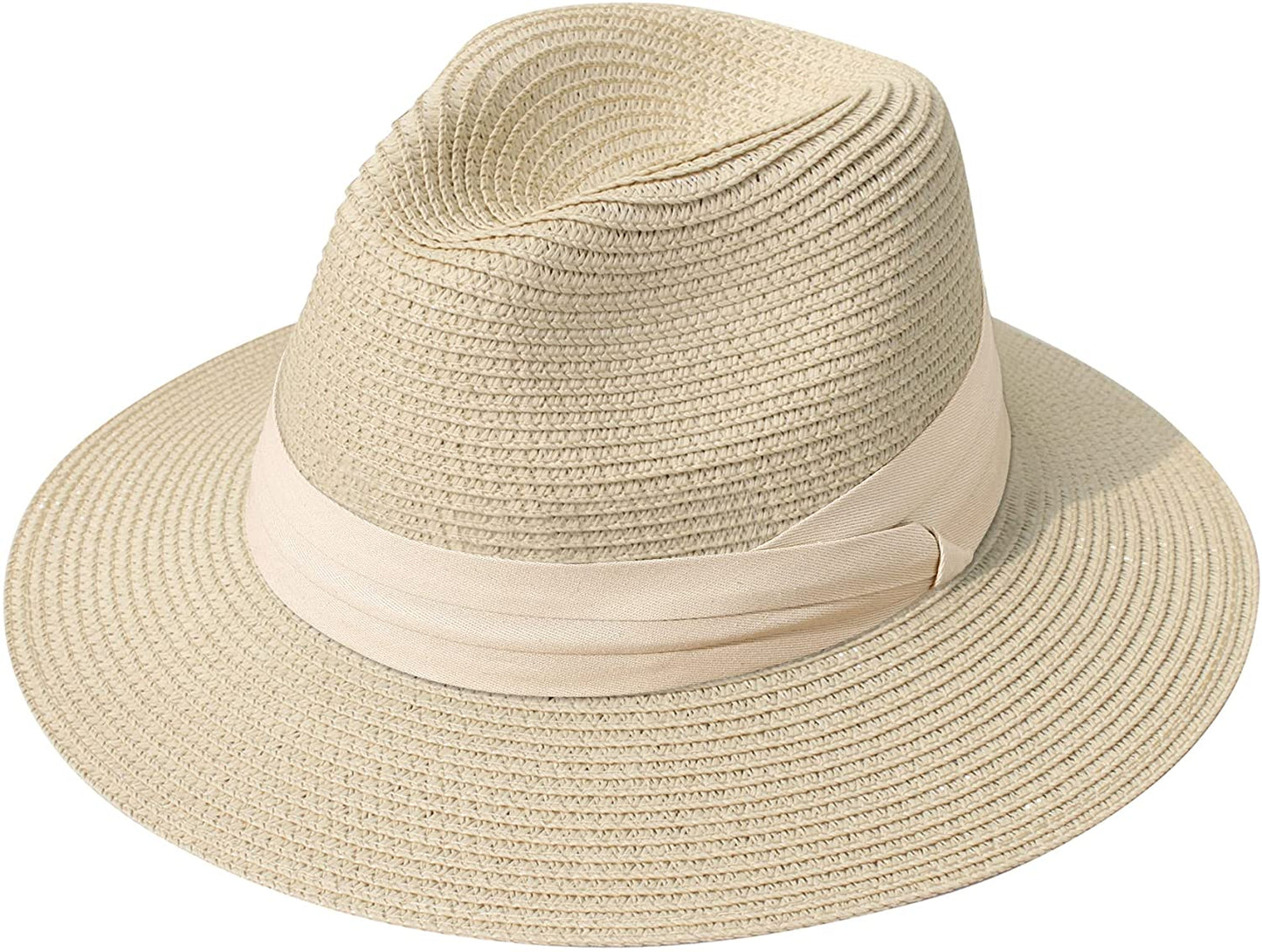 Lanzom Women Wide Brim Straw Panama Roll up Hat Belt Buckle Fedora Beach Sun Hat UPF50+ Apparel & Accessories > Clothing Accessories > Hats Lanzom Z-beige Ribbon Khaki One Size