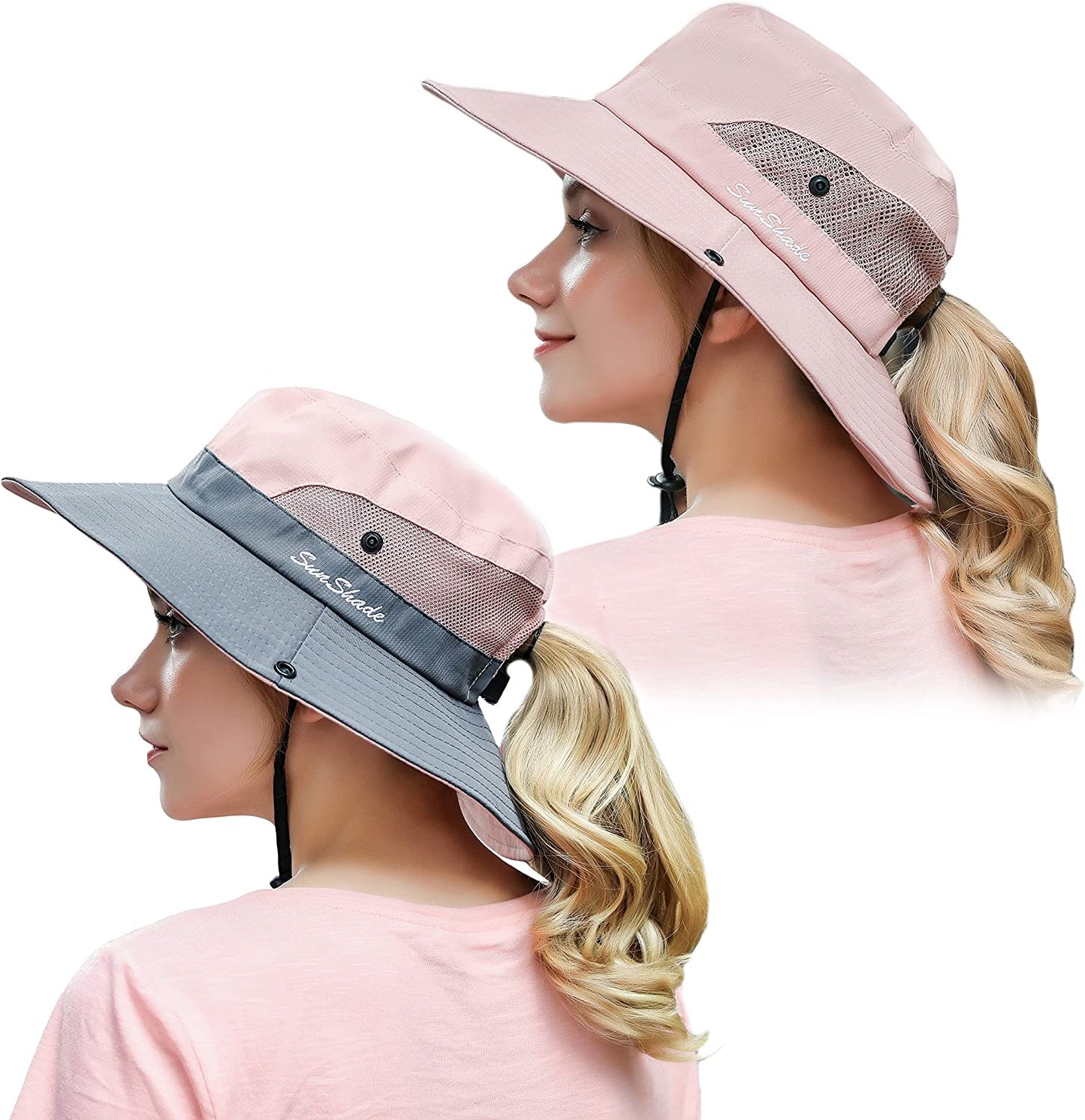 Muryobao 2 Pack Women Ponytail Summer Sun Hat UV Protection Wide Brim Foldable Safari Fishing Cap Apparel & Accessories > Clothing Accessories > Hats Muryobao 2 Pack - Pure Pink & Pink
