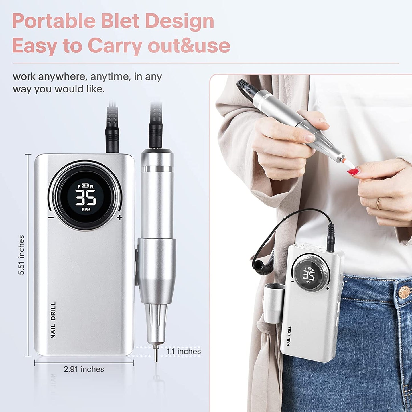 Professional Electric Nail Drill Machine, Portable Rechargeable 35000RPM Nail Drill for Acrylic Gel Nails, Manicure Pedicure Polishing Shape Tools for Home and Salon Use Health & Beauty > Personal Care > Cosmetics > Cosmetic Tools > Nail Tools Caattiilaa
