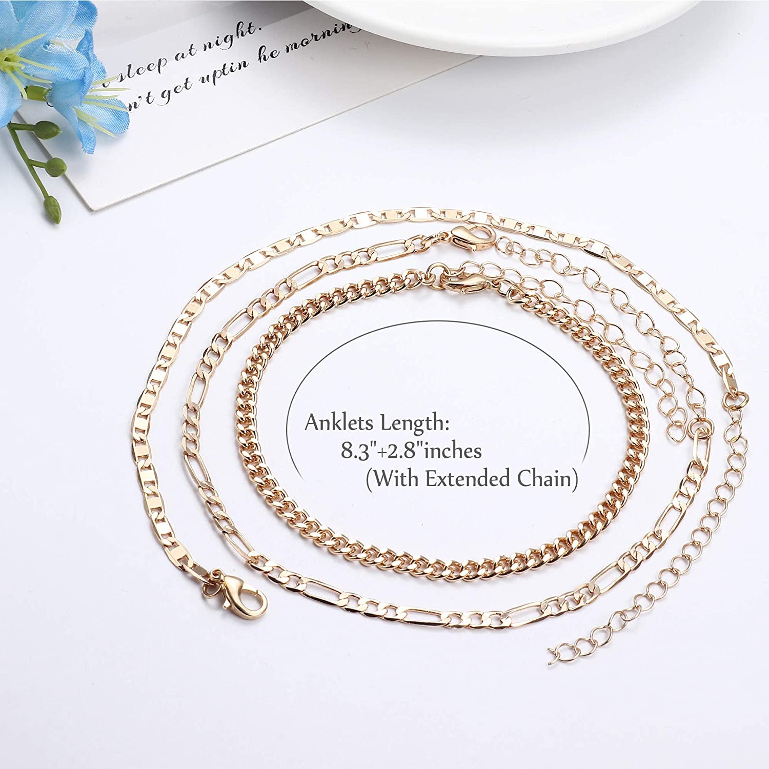 Jstyle 3Pcs Gold Anklet for Women Figaro/Herringbone/Cuban/Paperclip Link Chain Ankle Bracelet Adjustable Beach Foot Jewelry Apparel & Accessories > Jewelry > Anklets Jstyle