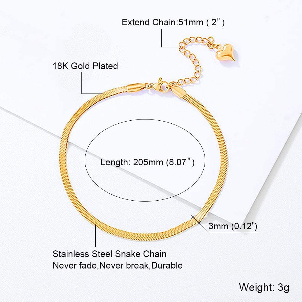 QJLE 18K Gold Plated Flat Snake Chain Link Dainty Ankle Bracelets for Women, Boho Cute Summer Beach Anklet Adjustable Foot Jewelry Apparel & Accessories > Jewelry > Anklets QJLE
