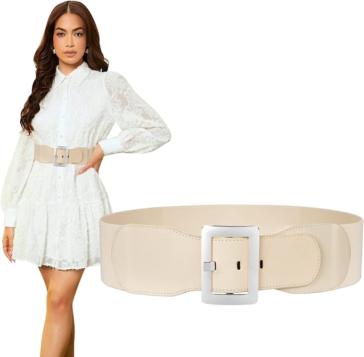 Women Wide Cinch Waist Belt Ladies Fashion Belt for Dresses with Metal Buckle Apparel & Accessories > Clothing Accessories > Belts SUOSDEY 07-beige - Silver Buckle Fit Waist 32"-37"