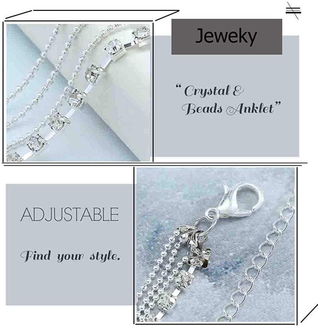 Jeweky Boho Layered Crystal Anklets Silver Rhinestone Ankle Bracelets Chain Beach Foot Jewelry for Women and Girls Apparel & Accessories > Jewelry > Anklets Jeweky