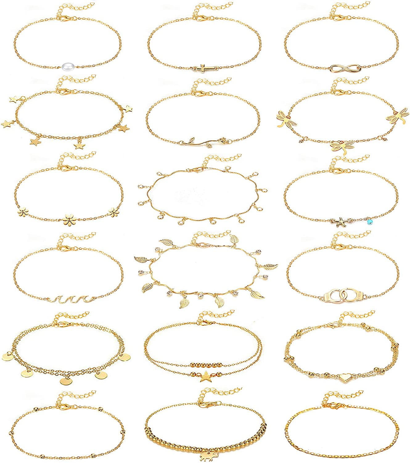 Honsny 18PCS Ankle Bracelets for Women Gold Silver Layered Chain Anklet Set Adjustable Size Beach Anklet Bracelet Jewelry for Women Teen Girls Apparel & Accessories > Jewelry > Anklets Honsny