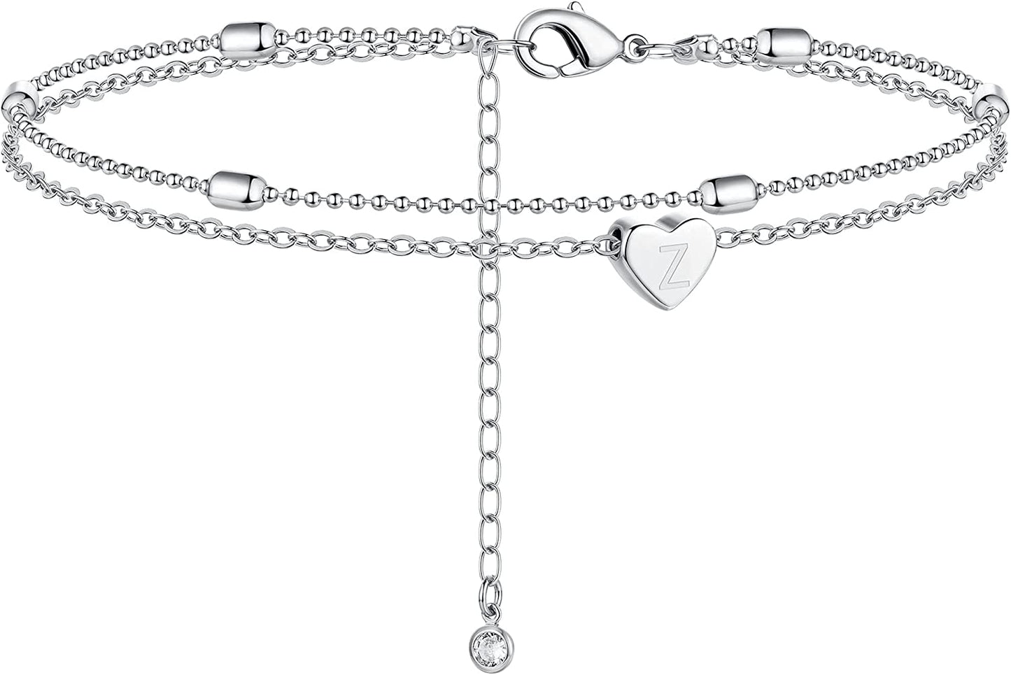 Moodear Silver Ankle Bracelets for Women, Sterling Silver Initial Anklet Layered Dainty Tiny Heart Charm Handmade Carved Alphabet A-Z Letter Ankle Bracelet Beaded Foot Chain Personalized Name Anklets Summer Cute Boho Beach Gift for Her Apparel & Accessories > Jewelry > Anklets Moodear Sterling Silver-Z