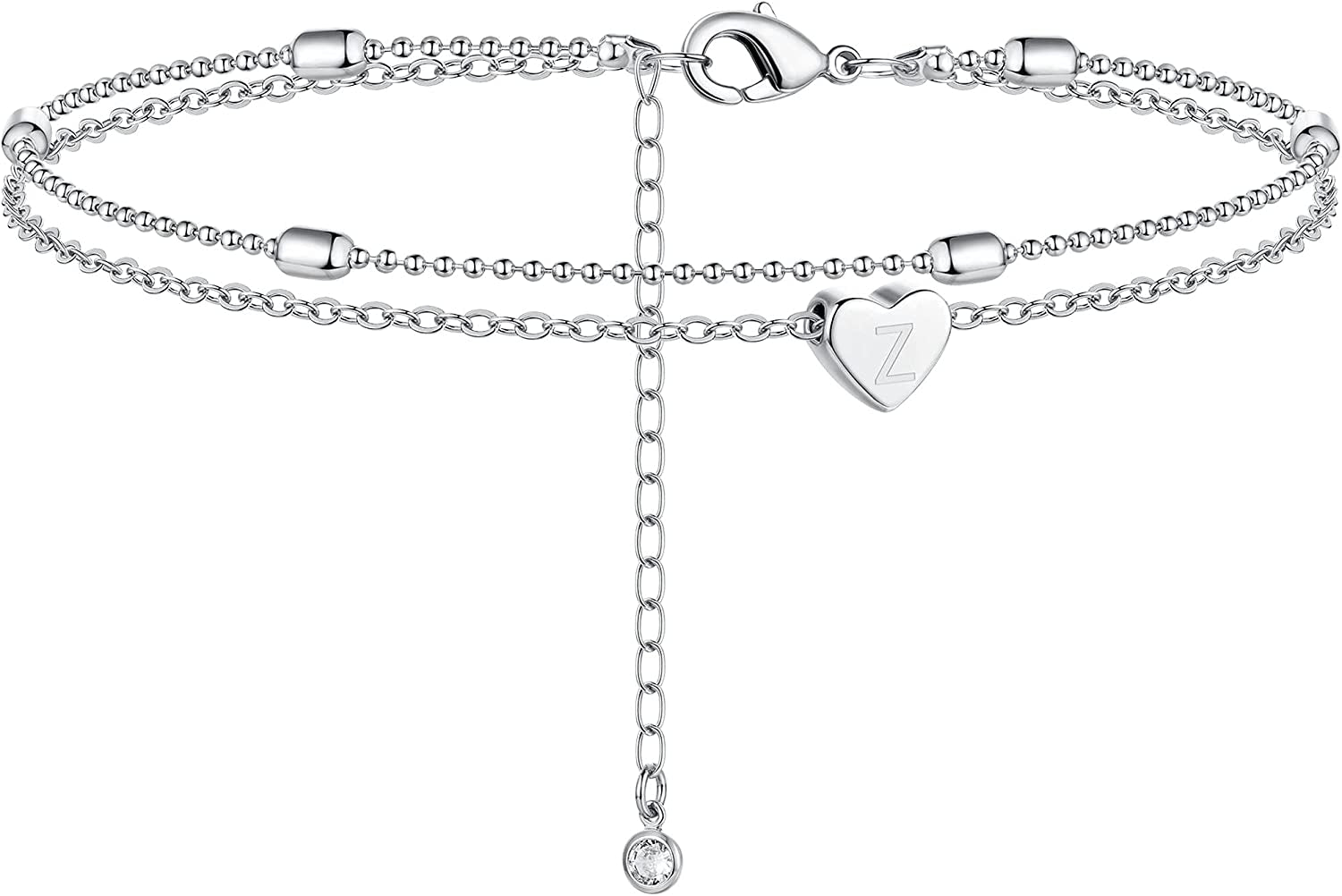Moodear Silver Ankle Bracelets for Women, Sterling Silver Initial Anklet Layered Dainty Tiny Heart Charm Handmade Carved Alphabet A-Z Letter Ankle Bracelet Beaded Foot Chain Personalized Name Anklets Summer Cute Boho Beach Gift for Her Apparel & Accessories > Jewelry > Anklets Moodear Sterling Silver-Z