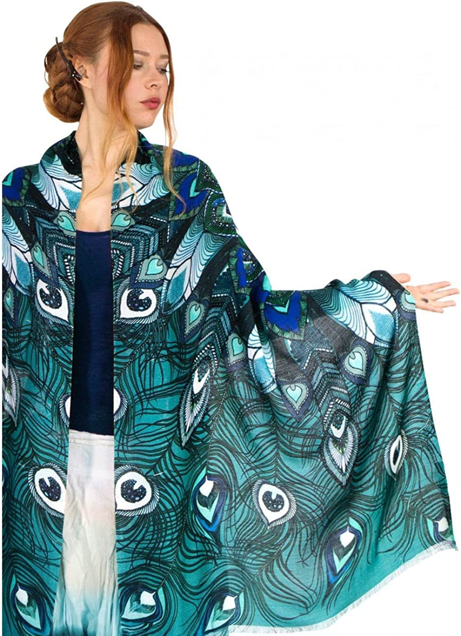 Bird Feathers Hand Painted & Printed Pure Cotton Shawl Scarf Apparel & Accessories > Clothing Accessories > Scarves & Shawls Shovava Aqua Peacock